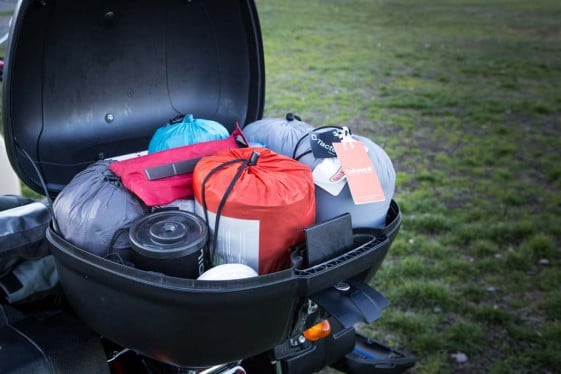 Our top case contains our sleeping gear, tent poles, tent spikes, and JetBoil stove. No food in here!
