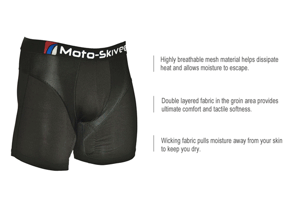 Moto-Skiveez padded motorcycle shorts utilize advanced technology