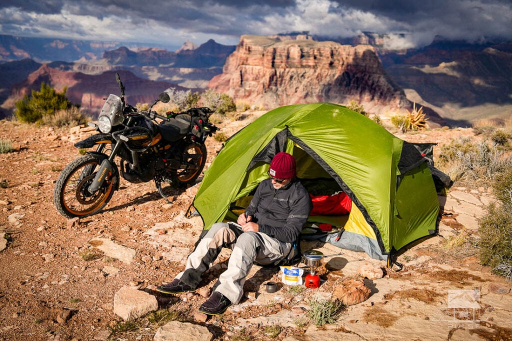 Motorcycle camping on the edge of the Grand Canyon