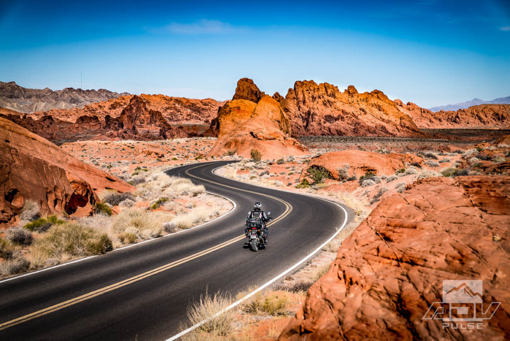 Exploring Nevada's Valley of Fire on Adventure motorcycle