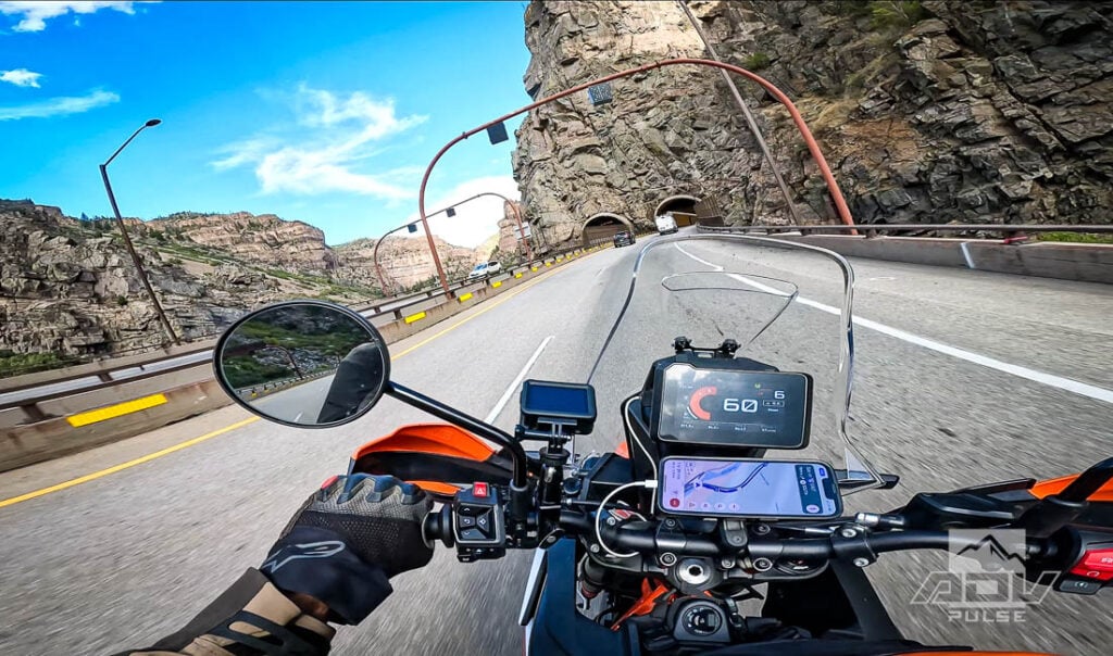 KTM 390 Adventure R riding the highway in Colorado