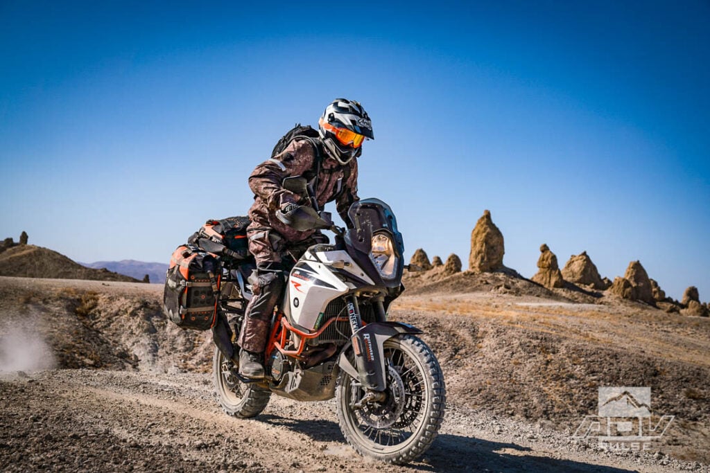 Adventure motorcycle ride in Trona Pinnacles California