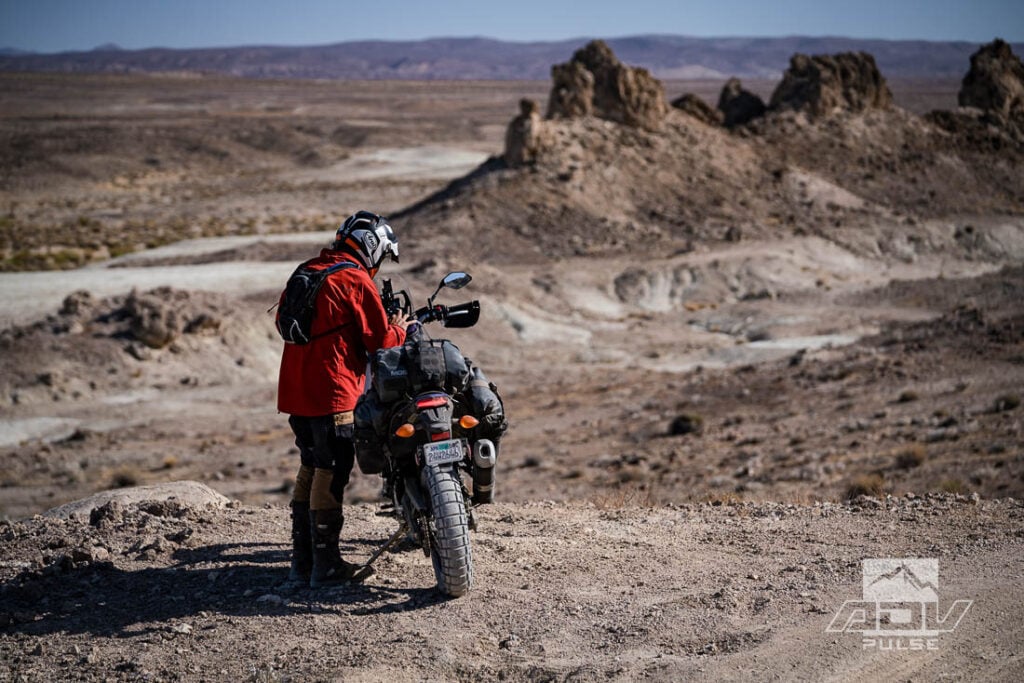 Adventure motorcycle ride in Trona Pinnacles California